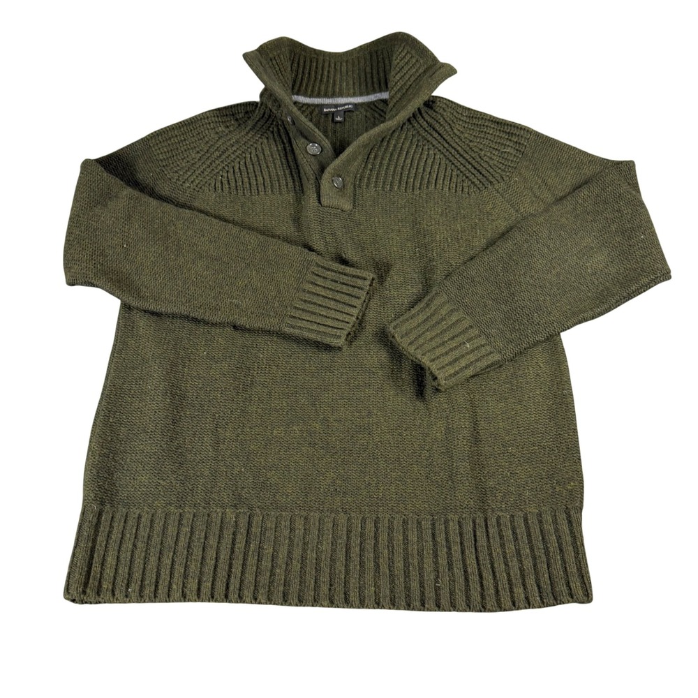 Banana Republic Mens Olive Green Button Mock Neck Ribbed Knit Sweater Large